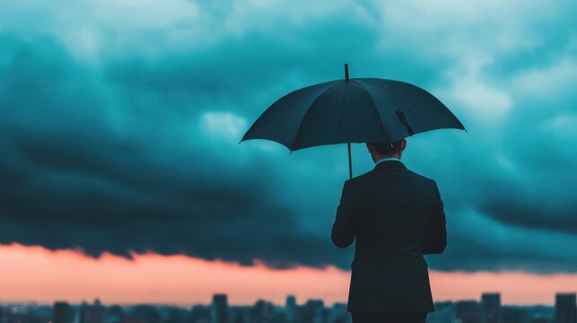 A person in a suit stands with an umbrella, facing a dramatic, cloudy sky over a cityscape at dusk.