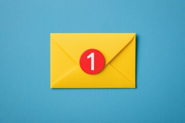 A yellow envelope with a red notification badge showing the number one, placed on a blue background.