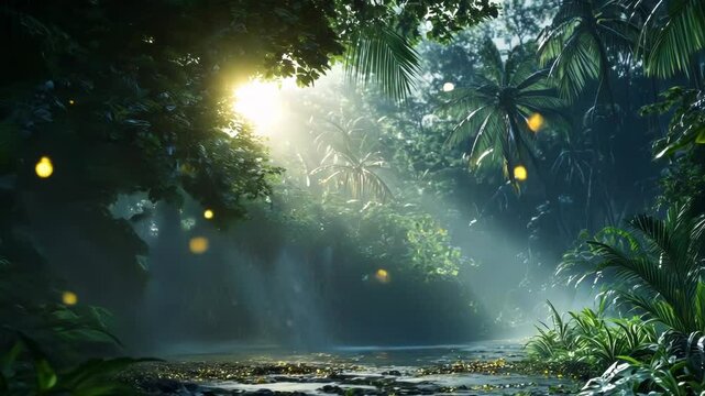 Lush jungle bathed in morning light, fireflies illuminate the tranquil scene
