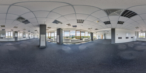 full spherical hdri seamless hdri 360 panorama in interior of work room in modern coworking office empty hall for business meeting in equirectangular projection. AR VR content