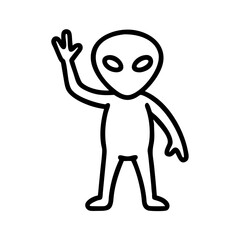 Obraz premium Friendly alien waving hello, an extraterrestrial character design with raised hand, a simple line art illustration perfect for greeting cards, website icons, or app design.