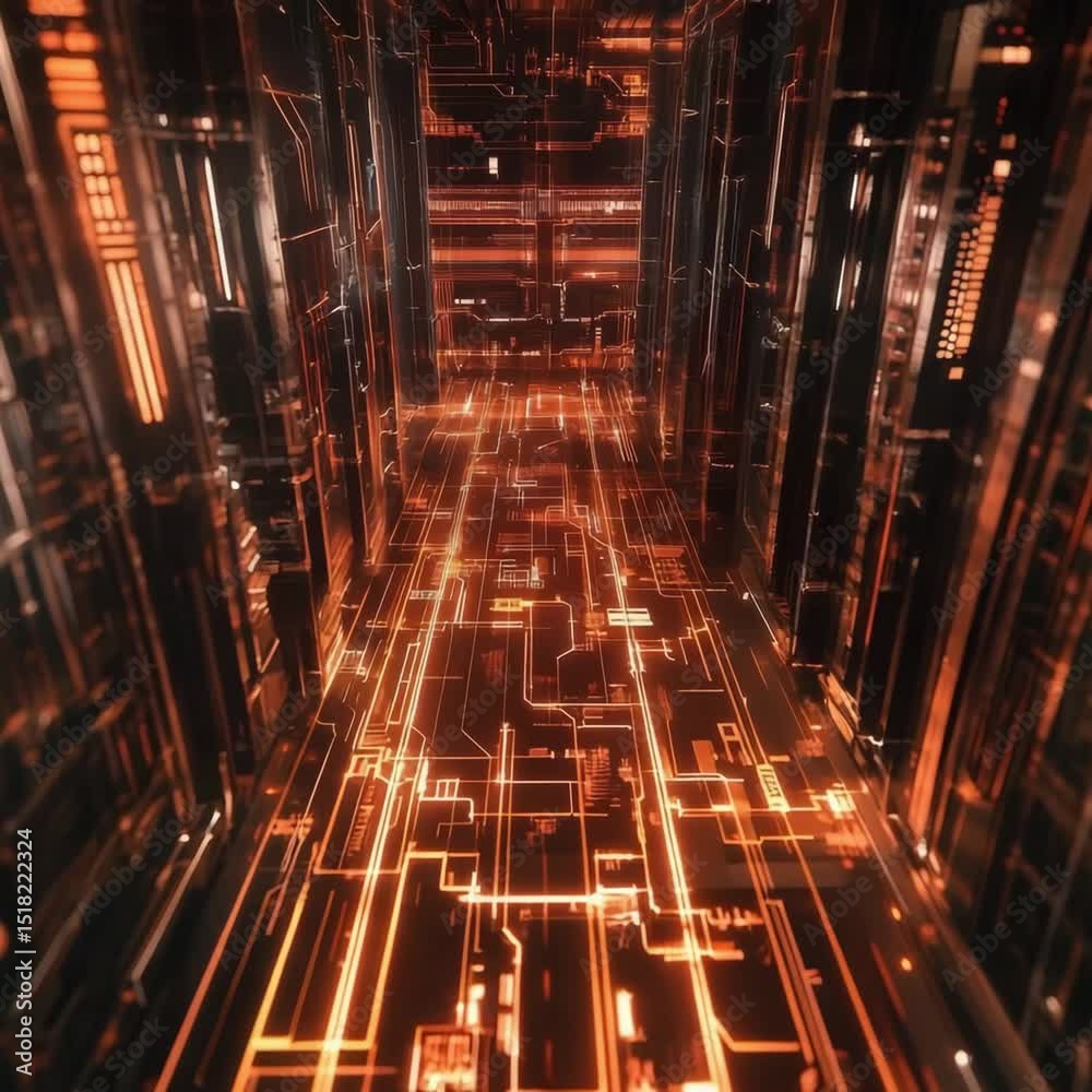 Poster a glowing, futuristic corridor lined with digital circuitry and illuminated orange lines creates a h