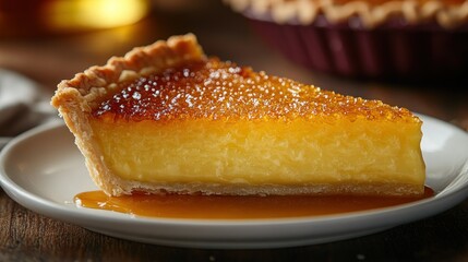 Sweet, golden pie slice with caramel drizzle