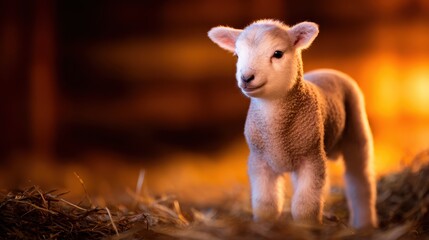 Obraz premium Adorable lamb standing on straw in a warm barn, with soft lighting creating a cozy atmosphere