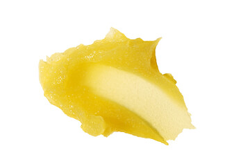 Mango yellow sugar scrub swatch isolated on transparent background, showcasing smooth texture, ideal for beauty and skincare product presentations. Mango fruit exfoliating scrubber swatch for design.