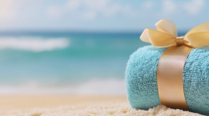 Fototapeta premium Towel wrapped with ribbon on sandy beach with gentle ocean waves in background