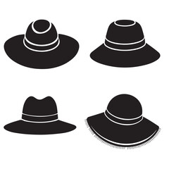set of vector various style sun hat, beach hat, summer straw hat silhouette	

