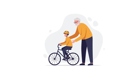 Fototapeta premium Elderly man helping young boy ride bicycle in friendly outdoor setting 