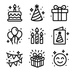Birthday line pack features festive party icons for celebrations. Perfect for invitations, cards, banners, and decorations for birthdays.