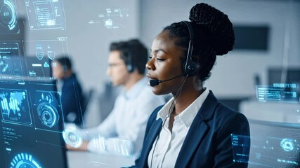A professional woman with a headset works at a computer with futuristic digital interface graphics displayed around her. - Powered by Adobe