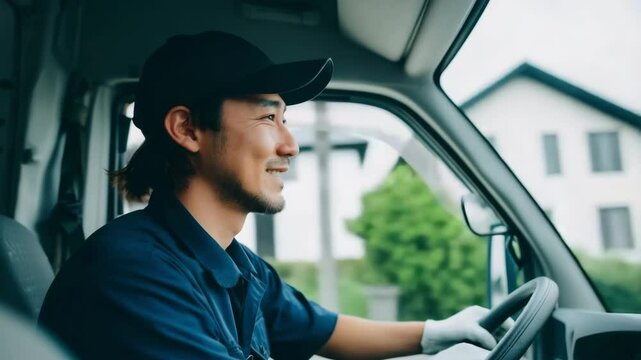 Professional Delivery Driver Focused on Navigation in a Van with Cityscape Background