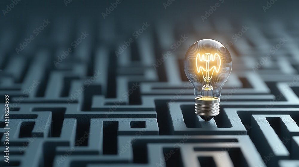Poster a glowing light bulb representing innovative ideas and solutions emerges from a complex maze like te