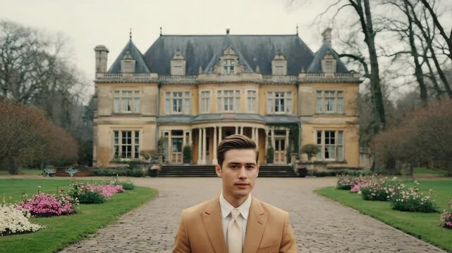 A well-dressed young businessman strides along a cobblestone path toward a grand estate. Concept of ambition and luxury lifestyle