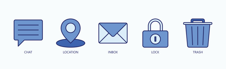 Essentials Of Digital Interaction Icon Set Isolated Vector With Icon Of Chat, Location, Inbox, Lock, Trash In Blue Style