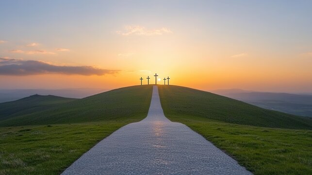 A peaceful ethereal landscape at sunset with a winding path leading through rolling green hills and silhouetted crosses against the vibrant glowing horizon