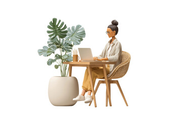 PNG Young asian female working on laptop at wooden desk with plant