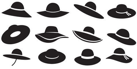 set of vector various style sun hat, beach hat, summer straw hat silhouette	

