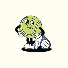 Obraz premium Cheerful Padel Paddle Tennis Ball character holding a blue Padel racket. Padel Paddle Ball Retro vintage mascot character with gloved hand and foot, rubber hose cartoon style.