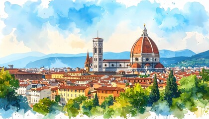 Obraz premium Panoramic view of Florence cityscape with Duomo cathedral and rooftops, ideal for historical tourism, cultural heritage, and architectural appreciation