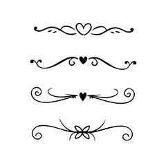 Text dividers doodle set. Wedding decorative elements. Divider ornament, borders, vintage line separators. Hand drawn vector illustration isolated on white background