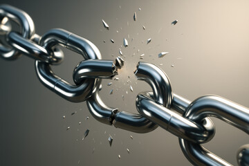 A hyper realistic captures the moment a metallic chain breaks symbolizing disruption and vulnerability in business connections