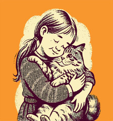 Girl Hugging Cat Illustration, Vintage Style Pet Love