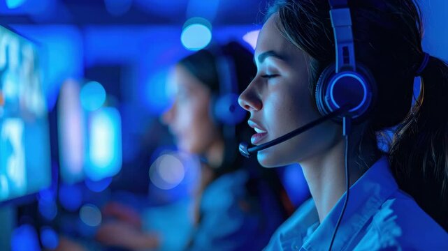 A focused woman wearing a headset works at a computer station in a dimly lit, blue-toned control room.