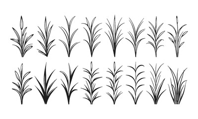 Vector illustration featuring a set of abstract grass tufts in a minimalist black line art style, each composed of sharp, curved, and jagged blade shapes, easily editable and scalable.