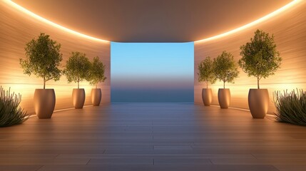 Perspective Interior atrium of a high rise with dynamic lighting and minimalist decor.