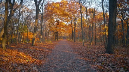 Obraz premium Serene autumn forest pathway with colorful fall foliage on trees and crunchy leaves on trail du clear weather in a peaceful natural setting