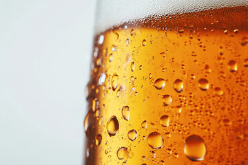 Close up of a frosty amber beer in a glass, highlighting condensation and a thick foamy head.