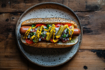 Overhead view of a classic Chicago-style hot dog in a poppy seed bun, topped with mustard, onions, relish, tomato slices, sport peppers, and pickles