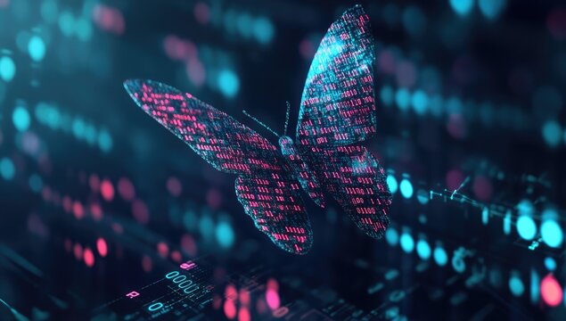 Digital butterfly, glowing with binary code