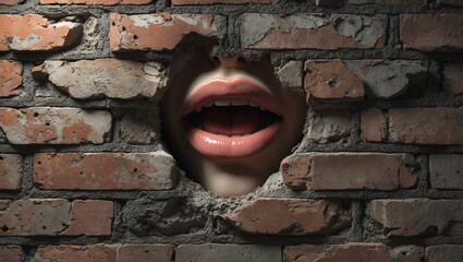 Mouth Peeking Through Brick Wall – Gritty Realistic 4K Composition