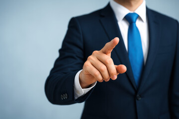 Confidence and leadership drive success as a professional in a tailored suit points decisively forward in a corporate setting