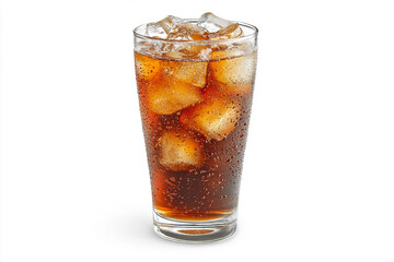 Studio image of a tall glass filled with cola and ice cubes, with condensation on the glass against a white background.
