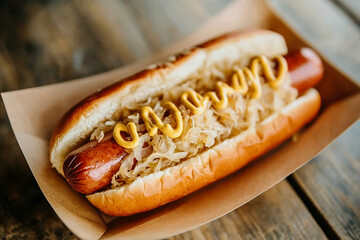 Top-down view of a classic New York-style hot dog topped with sauerkraut and yellow mustard, served in a soft bun on a paper tray.