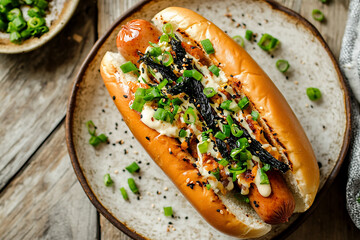 Top-down view of a Japanese-style terimayo hot dog topped with teriyaki sauce, mayonnaise, green onions, nori strips, and sesame seeds on a ceramic plate.