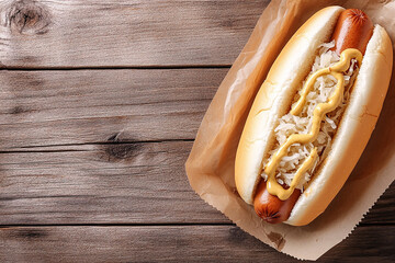 Top-down view of a classic New York-style hot dog in a soft bun, topped with sauerkraut and yellow mustard, served on parchment over a rustic wooden surface.