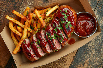 Top-down view of German currywurst, sliced and topped with curry ketchup and herbs, served with seasoned fries and a side of extra ketchup in a paper tray on a rustic wooden table.