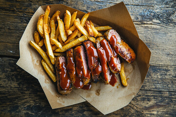 Top-down view of German currywurst sliced and topped with rich barbecue sauce, served alongside golden French fries in a paper tray on a rustic wooden table.