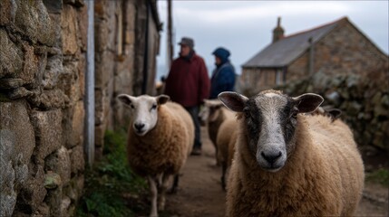 Obraz premium Sheep walking along a rural stone path with farmers in the background on a cloudy day