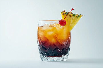 vibrant tropical cocktail served in a faceted glass with a gradient of dark rum and orange juice, garnished with a pineapple wedge and cherry.