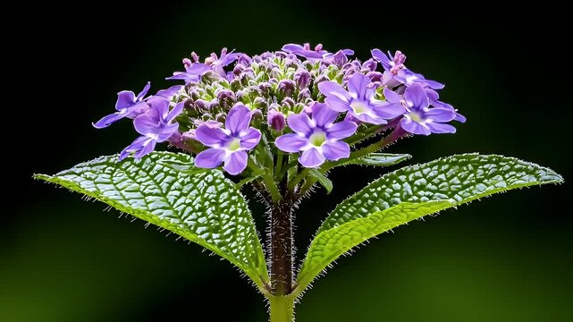 Close Up of Light Purple Flowers with Green Leaves and Water Droplets Against Black Background