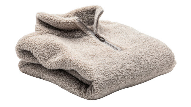 Soft, beige fleece pullover featuring a half zip design, folded neatly and presented against a transparent background, ideal for showcasing winter apparel or cozy loungewear
