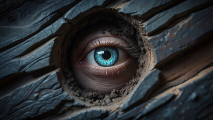 Realistic Human Eye in Torn Wooden Surface – Mysterious 4K Image