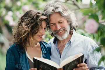 Portrait of a grinning caucasian couple in their 40s reading a book together