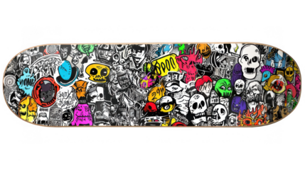 Skateboard deck featuring a vibrant, rebellious design with an eclectic mix of stickers showcasing skulls, monsters, and graffiti against a transparent background