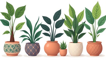 an illustration of nine potted plants of various sizes and species, arranged in a horizontal line that spans almost the entire wid