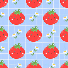 Cute vector seamless tomato pattern with smiling kawaii faces. Great for kids products, vegan food packaging, and playful fabric prints
